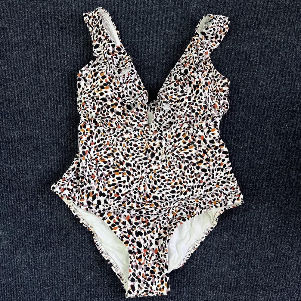 Anthropologie White One-Piece Swimsuit with Black, Brown & Rust Spot Print